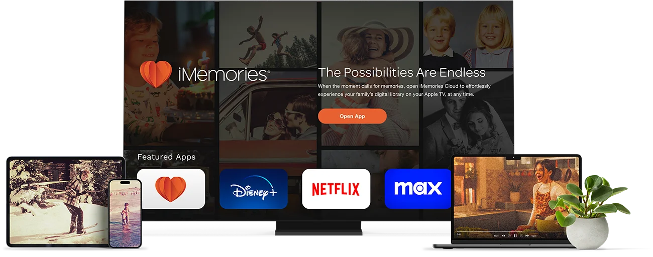 TV with ipad and iphone showing iMemories App