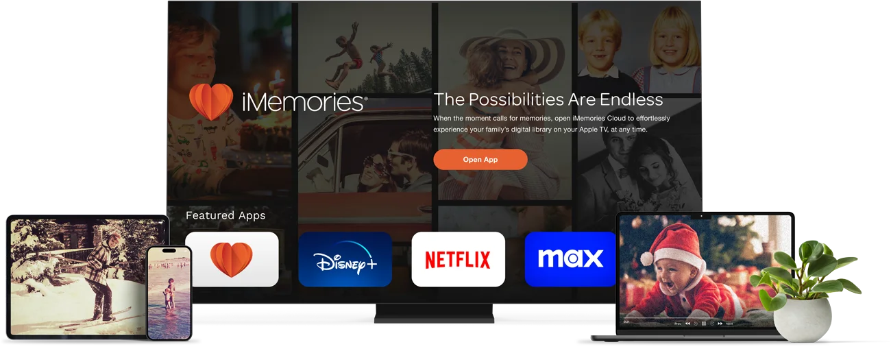 TV with ipad and iphone showing iMemories App